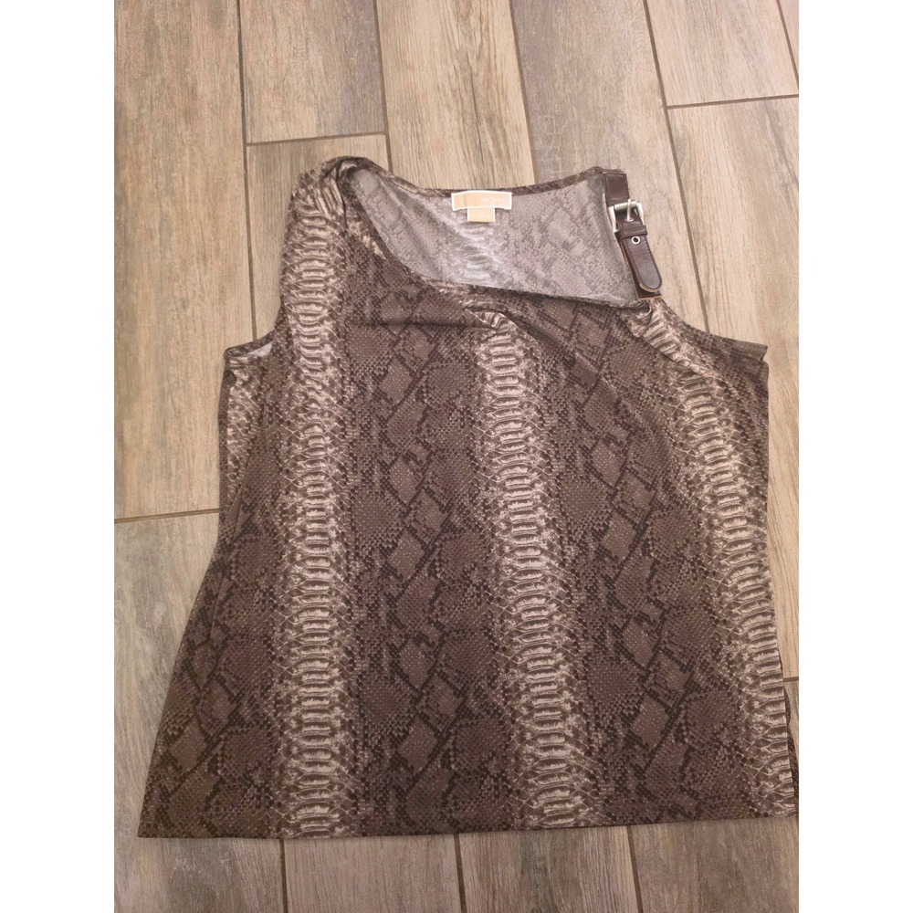 Michael Kors Brown Snakeskin Print Buckle Shoulder Asymmetrical Top Plus 1X